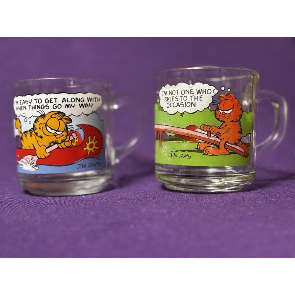 1978 McDonald's Garfield Anchor Hocking Glass Mugs 'Odie Canoe' & 'Seesaw' Cups
